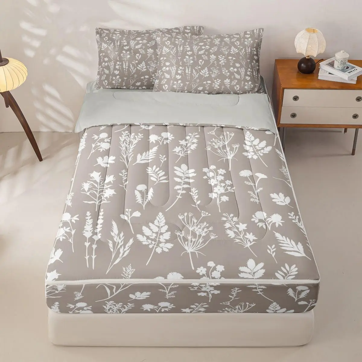 Erosebridal Beige Gray Zipper Bedding Set Full Fresh Botanical Zip Up Comforter Set with Sheets Vintage Printed Bed in a Bag Wildflower Botanical Pattern Bed Sets with 2 Pillowcases