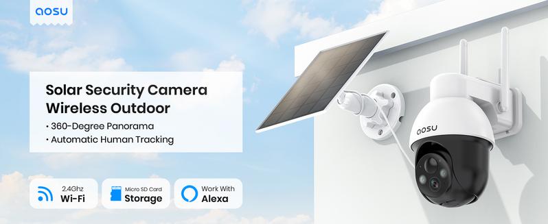 AOSU Solar Security Camera Wireless Outdoor with Panoramic PTZ, Human Auto Tracking, 2K Night Vision, Light and Sound Alarm, 2-Way Audio, Compatible with Alexa/Google Assistant for Home Surveillance