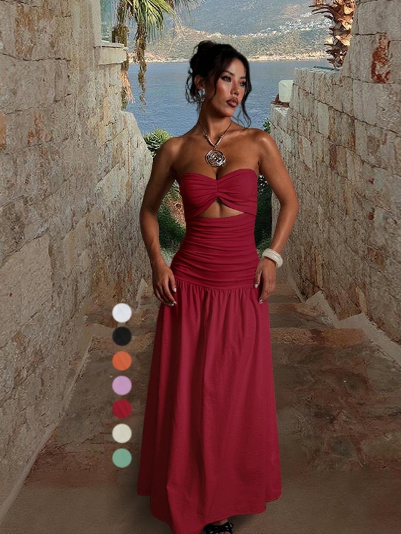 Women's Sleeveless Hollow Out Fitted A-Line Dress, Two Fabric Patchwork Design, Micro-Transparent Material, Beachwear Casual Wear Long Skirt Yj24627pfo