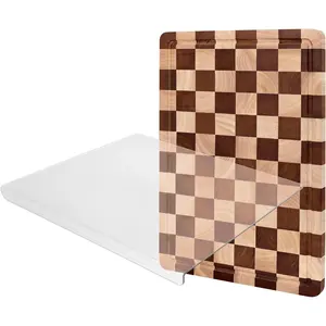 Checkered Cutting Board and Acrylic Cutting Board Set- 2-Piece Kitchen Board Set, Wood Checkerboard End Grain Chopping Boards with Juice Groove & Acrylic Board with Counter Lip