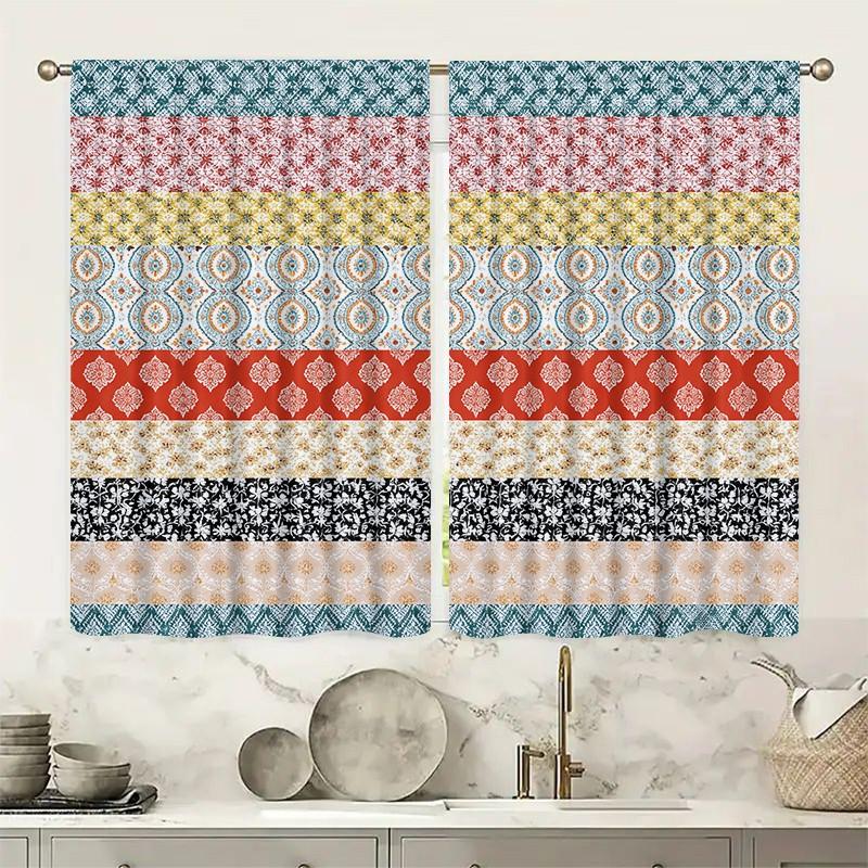 2 pieces of high-definition digital Bohemian-style patchwork pattern printed curtains, made of polyester with semi-transparency, machine washable, suitable for bedrooms, living rooms and home decoration curtains.
