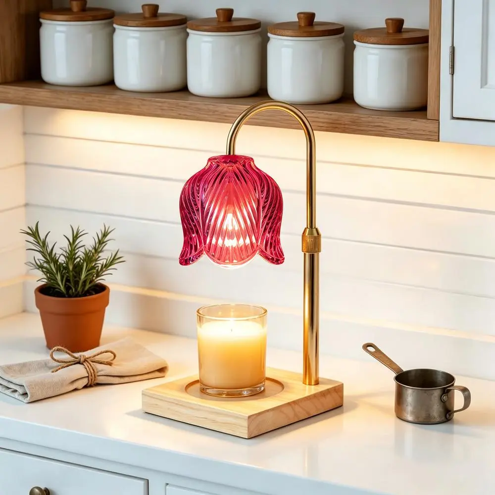 Adjustable Remote Control Timer Candle Warmer Lamp - 5-Color Optional Wavy Glass Shade, Height-Adjust Metal Stand, Solid Wooden Base, Modern Room Table Aromatherapy Flameless Fragrance Melter for Home Decor, All Seasons Festive Gift