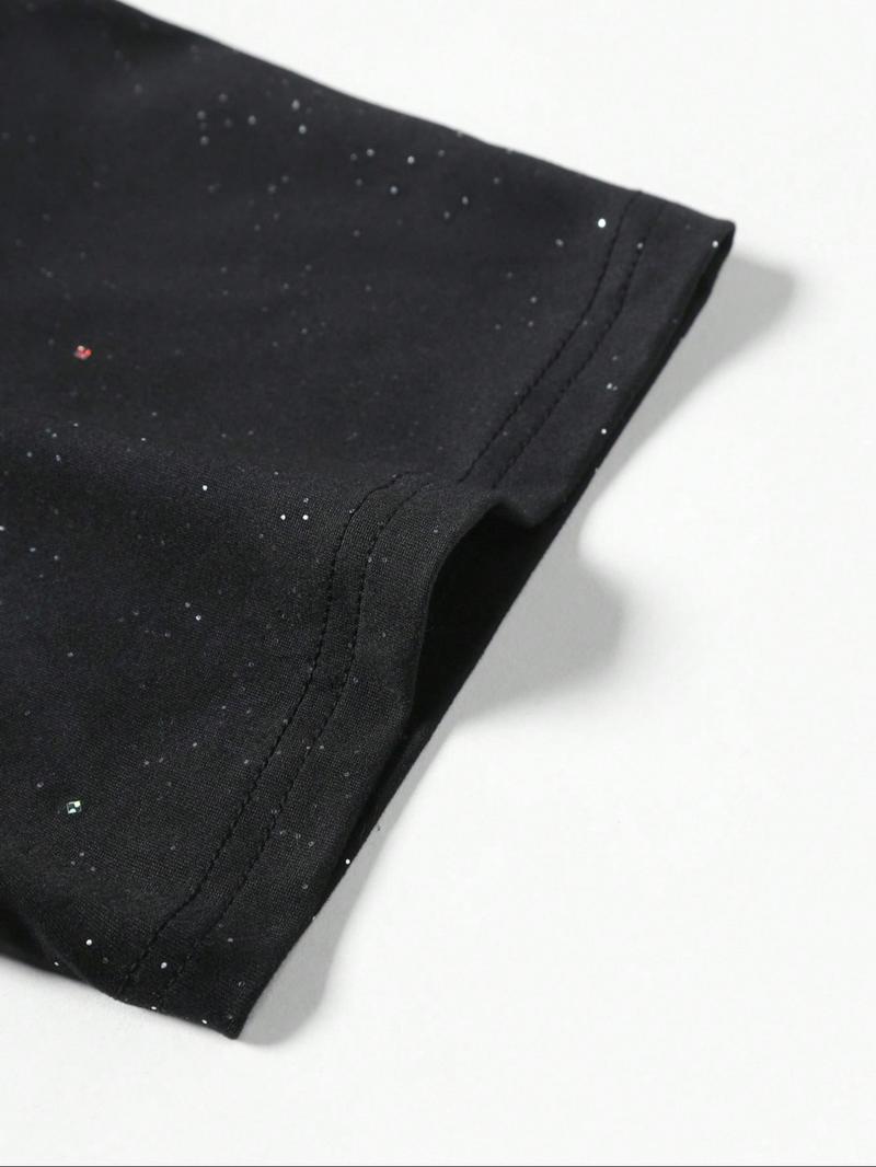 New Men's Short Sleeve T-Shirt, Fashion Starry Sky Reflective Craft, Letter Print Design, Sparkling Like Stars, Must-Have Casual