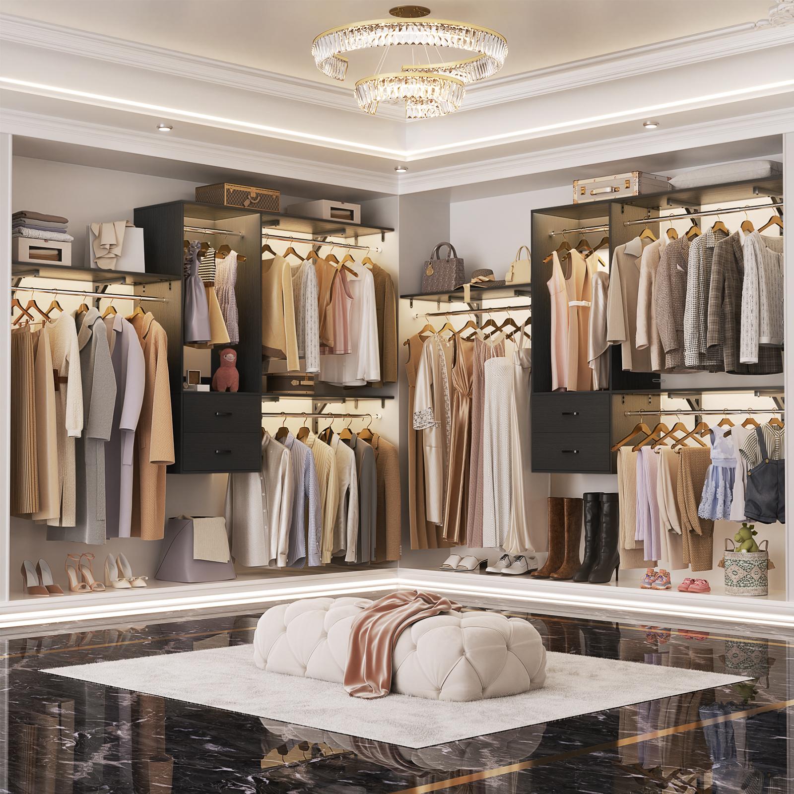 Deluxe Tower Closet Storage, 96 Inch Hanging Closet System, 8 FT Closet Organizer System with Hanging Rod, Walk In Mounted Closet System, Built-In Clothes Garment Rack with 2 Wooden Drawers & 3 Shelving Towers