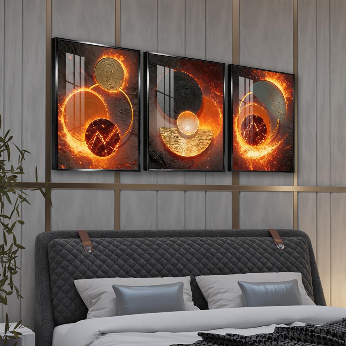3 Counts Aluminum Alloy Framed Painting, Abstract Fire And Lava Geometry Pictures, Home Decoration For Living Room, Bedroom, Office, Restaurant, Hallway Wall Decor, Odorless Print Artwork, Luxury Perfect Gift For Friends And Family