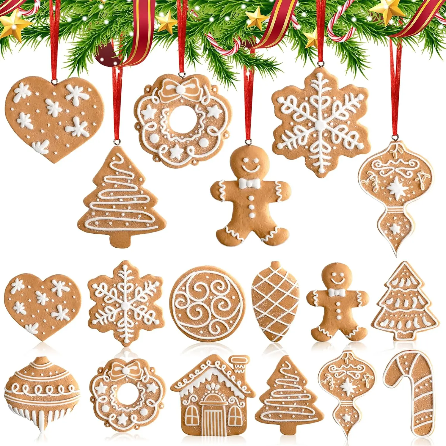 Polymer Clay Gingerbread Christmas Tree Decorations - 12 Pieces, 2.6x3 in Fade Resistant Cookie Ornaments with Gingerbread Man, House, Snowflake, Heart, Candy Cane Styles for Xmas Festive Decor