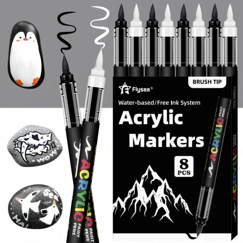 Acrylic Paint Pens Black and White, Automatic Ink Control System,Soft Brush Tip Markers,for Canvas, Rock, Wood, Stone, Glass, Ceramic, Fabric Painting, DIY Crafts, Art Marker Set