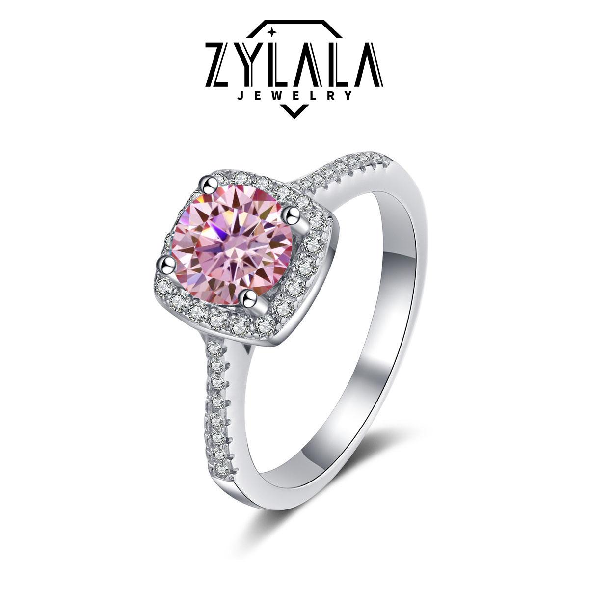 [245 Pink] 1/2CT Synthetic Moissanite Square Ring + Eternity-band Set Square Halo Design 925 Sterling Silver Promise Ring Engagement Wedding Gift