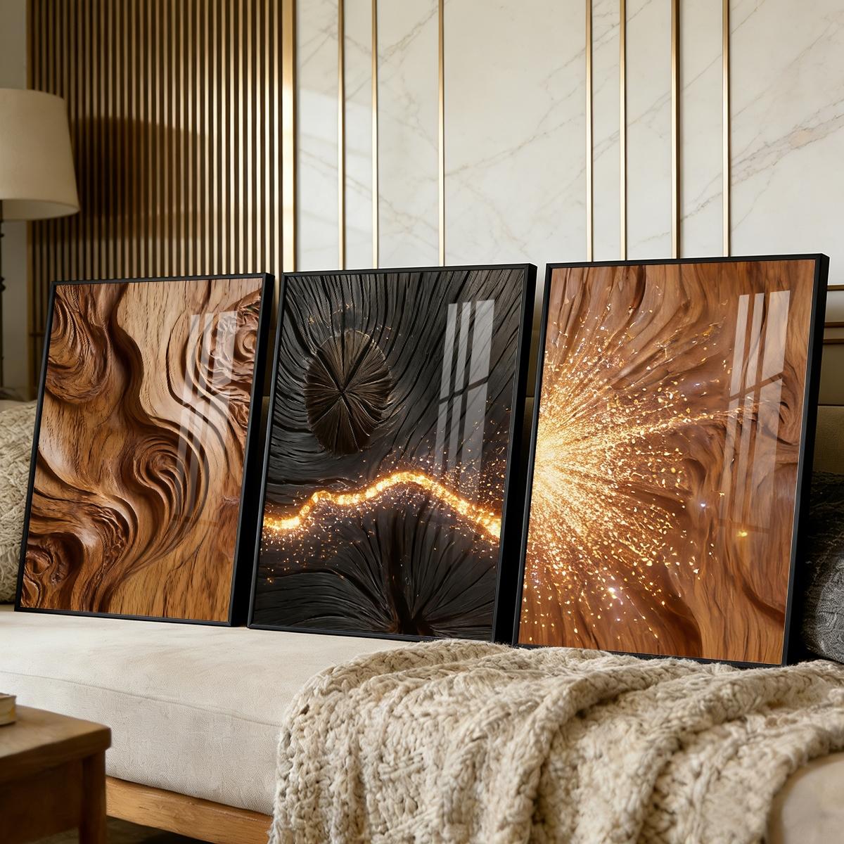 3 Counts Aluminum Alloy Framed Painting, Abstract Wood Texture And Golden Spark Art Pictures, Home Decoration For Living Room, Bedroom, Office, Restaurant, Hallway Wall Decor, Odorless Print Artwork, Luxury Perfect Gift For Friends And Family
