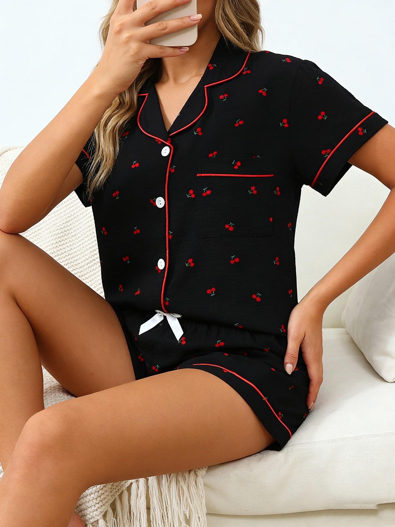 Women's Short Sleeve Button Down Top and Shorts Pajama Set, Spring Summer Wear, For French Lazy Style Girls, Black Base Red Cherry Print, Classic Lapel Collar, Loose Fit, Comfortable For Home & Short Trips