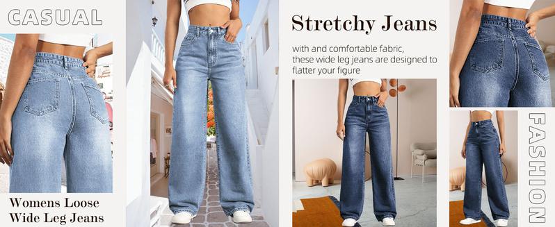 Women's High-Waisted Wide-Leg Loose Stretch Boyfriend Jeans Lightblue Minimalist Basic Bottoms for Daily Wear japanese  cuff  jeans kris  vervet winter fashion comfortable slim jean