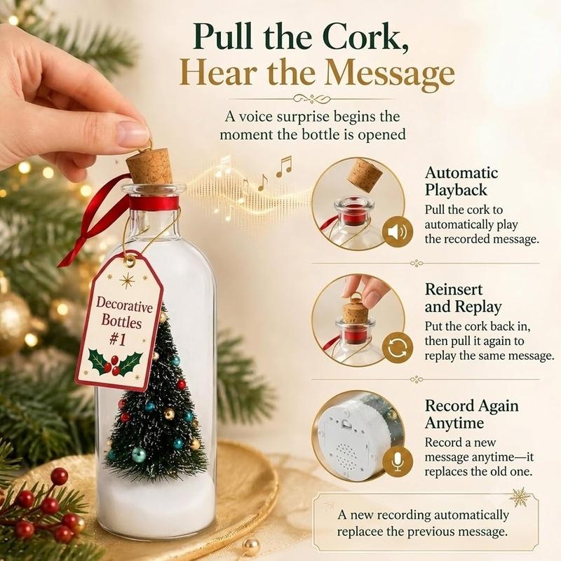 2027 Christmas Message in A Bottle Tree Recordable Snow Globe Forever Voice Ornament Playback Cork Glass Sentimental Gift Personalized Winter Vial Greeting Festival Party New Year Card Idea Handmade Christmas Decor