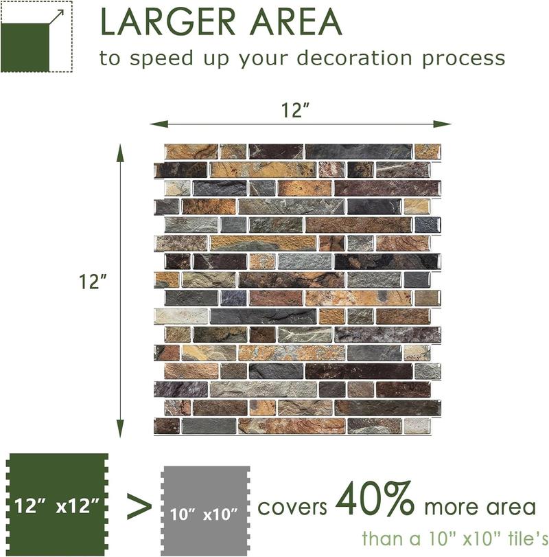 STICKGOO 10Pcs 3D Stone Peel and Stick Backsplash, 12”×12”, 3D Self Adhesive Peel and Stick Tile Backsplash for Kitchen & Bathroom