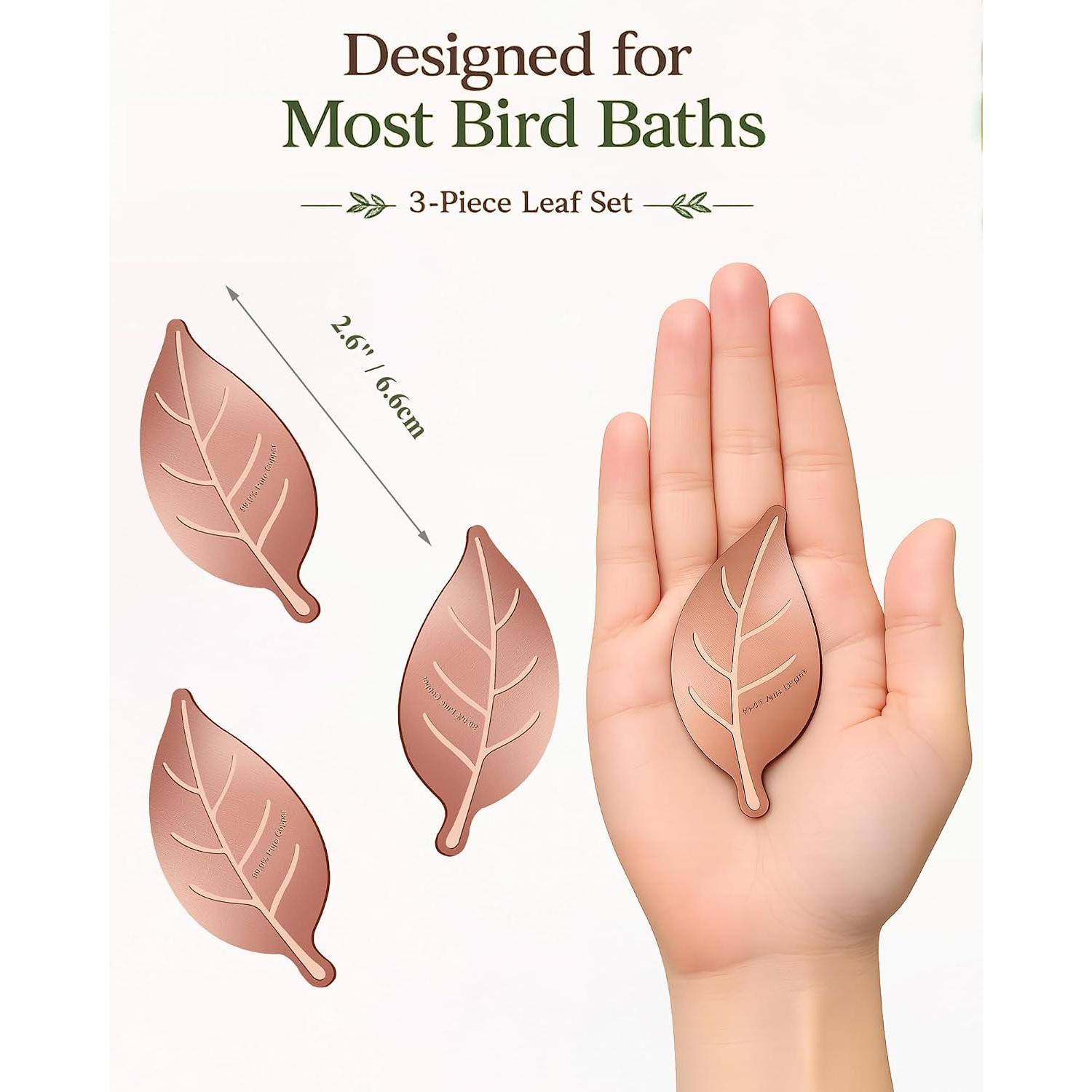 3-Count Pure Copper Bird Bath Cleaning Disk, 0.6mm Reinforced 99.99% Pure Copper Purification Disk - Leaf Shape for Outdoor Birdbaths, Bowls, Fountains