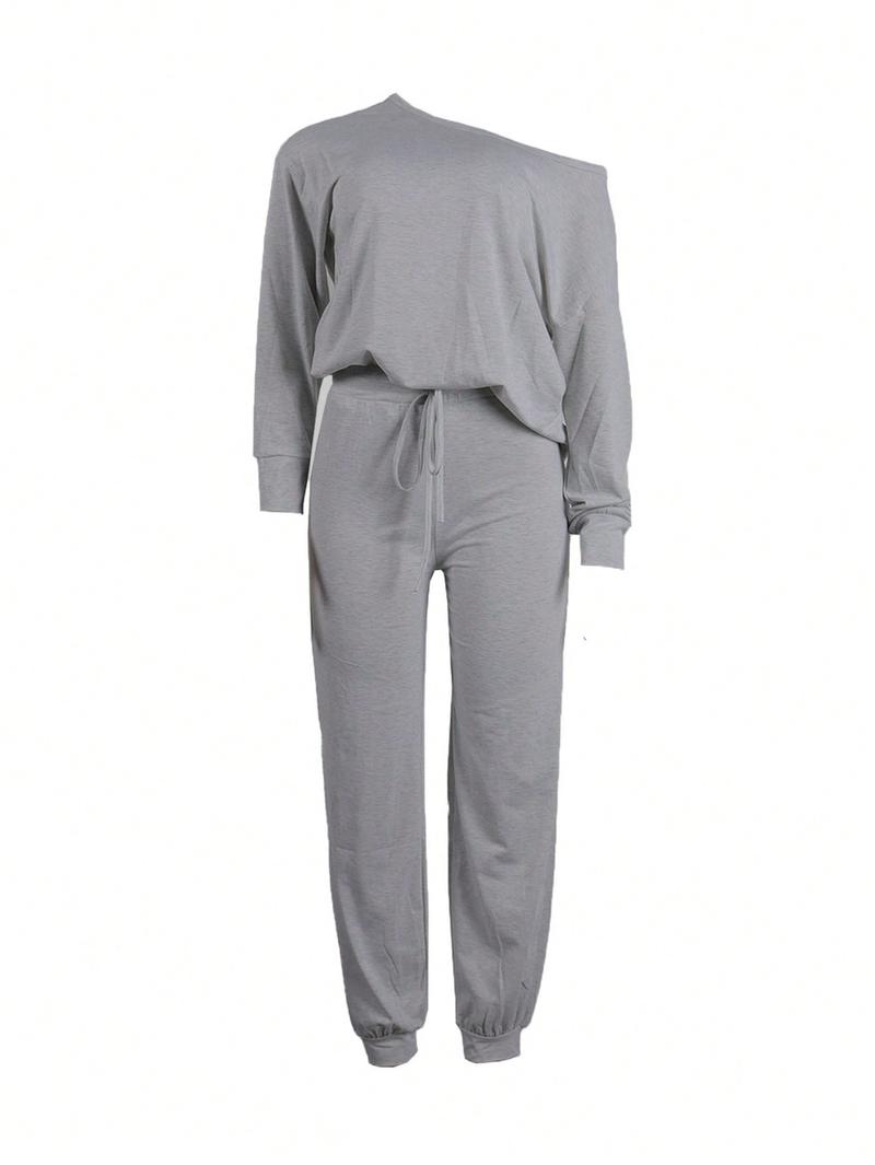 Plus Size Women's Casual One Shoulder Two-Piece Set, Solid Color Home Wear, Comfortable Daily, Ladies Fashion Clothing