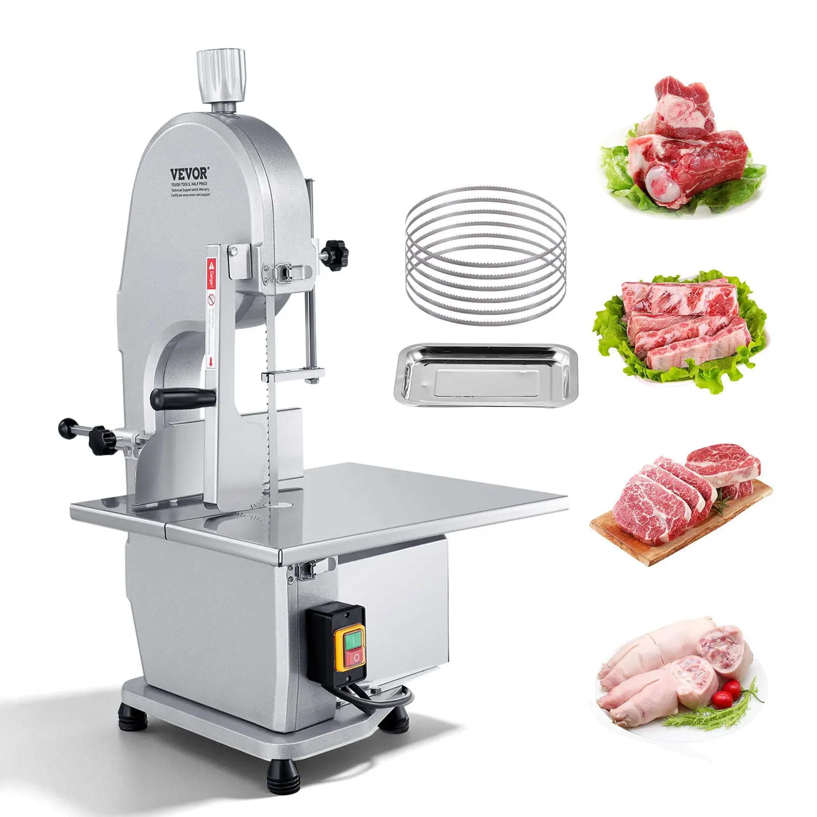 VEVOR Commercial Electric Meat Bandsaw, 1800W Stainless Steel Countertop Bone Sawing Machine, Workbeach 15" x 19.1", 7.09 Inch Max Cutting Thickness, Frozen Meat Cutter with 5 Blades for Rib Pork Beef