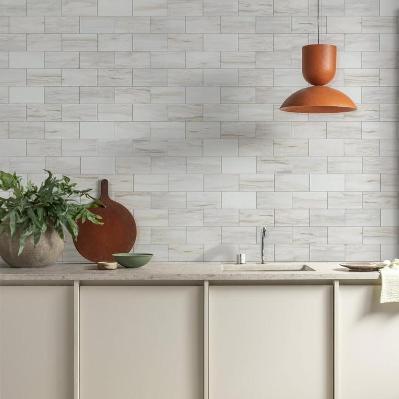 Vamos Tile 100Pcs Water Proof Glossy White Peel and Stick Backsplash,3''x6'' PVC Subway Tile, Stick on Backsplash for Kitchen/Bathroom Decoration Stickers Decorative Ornaments