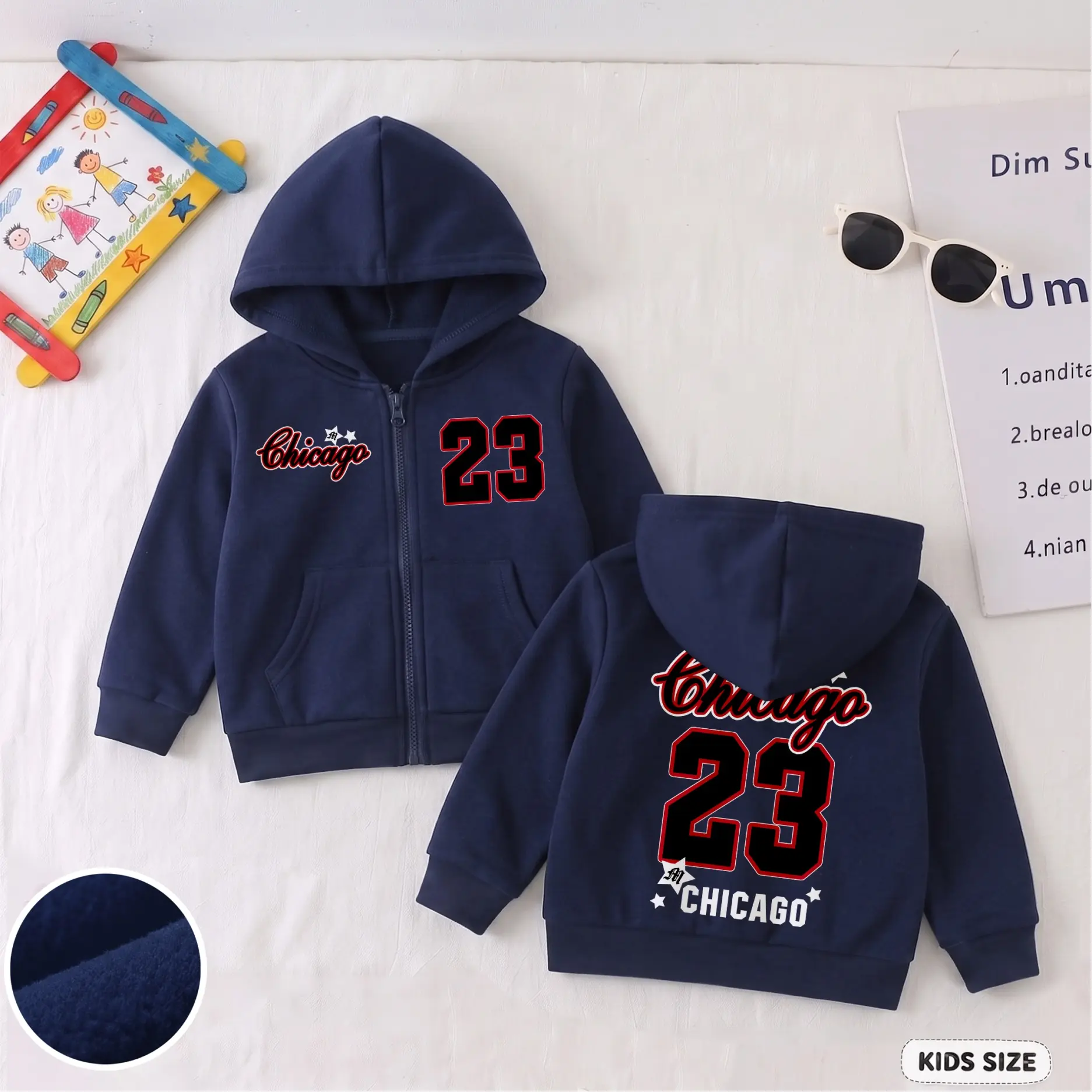 Kids’ Chicago 23 Graphic Zip-Up Hoodie, Trendy Letter and Number Print Hooded Jacket with Front Pockets and Large Back Design, Casual Long Sleeve Outerwear for School, Travel, Outdoor Play and Daily Wear