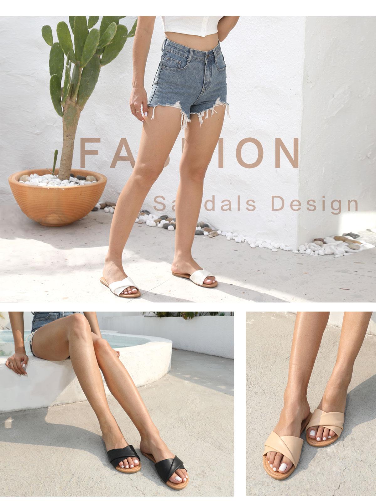 FITORY Sandals Women's Flat Sandals Fashion Slides With Soft Leather Slippers for Summer Footwear White