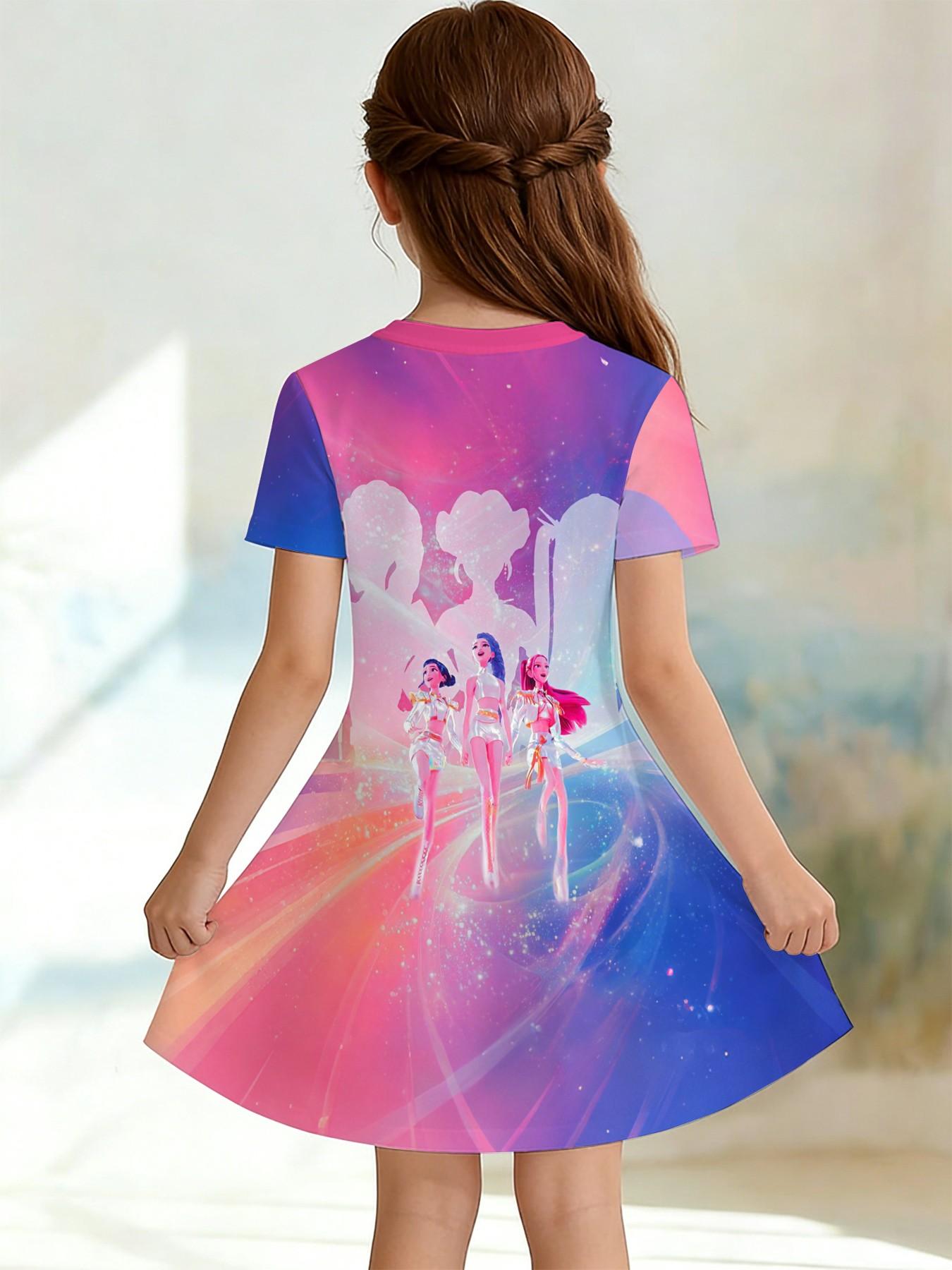 Girls' 3D Futuristic Dress, Cool Short Sleeve A-Line Dress, All over Print, Perfect Birthday Gift, Festival Gift