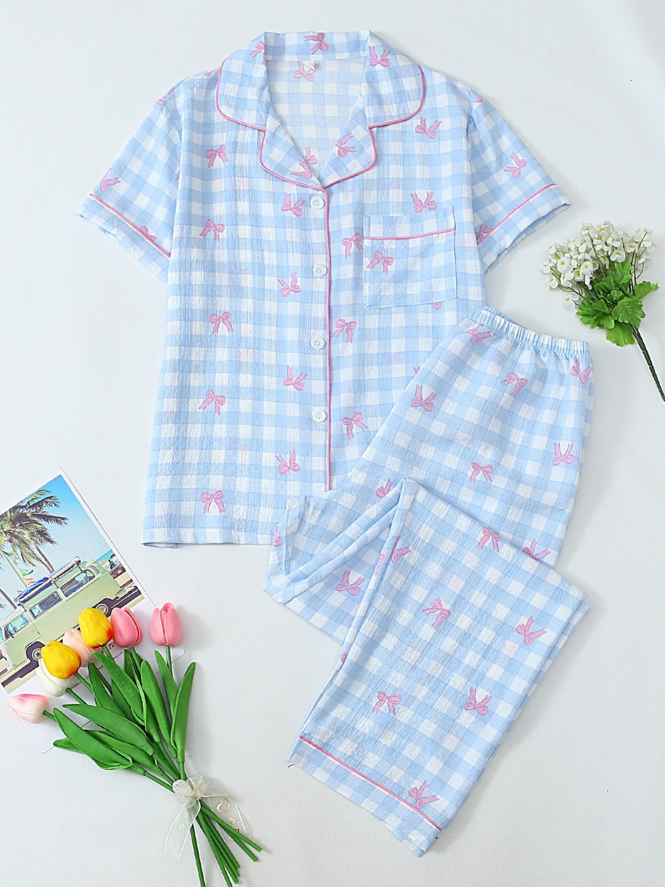 Women's Heart Print Short Sleeve Pajama, Casual Comfy Striped Print Lapel Neck Pocket Shirt & Pants PJ Set, Ladies Sleepwear for All Seasons, Loungewear