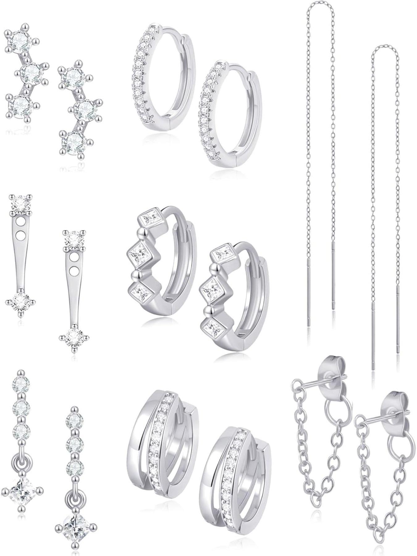 8 Pairs 18K Gold Plated Small Hoop Earring CZ Cartilage Stud Earring for Women Long Chain Drop Dangle Stack Earrings for Multiple Piercings Gold Silver Tone