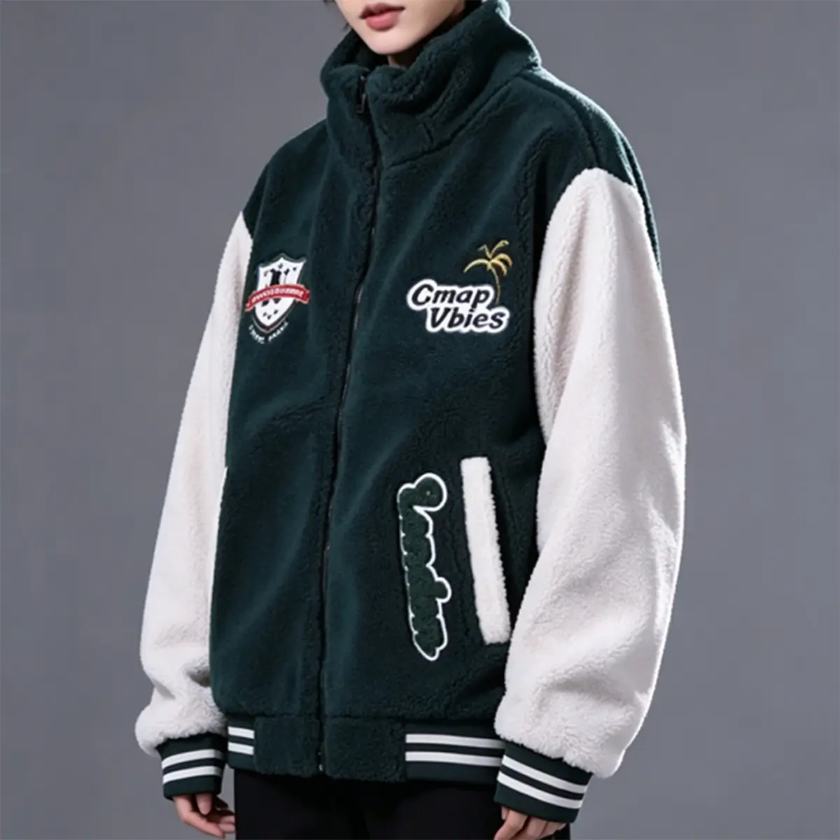 Men's plush school team jacket, color blocked sleeve full zipper stand up collar jacket, fashionable letter badge embroidery patch design, striped ribbed cuffs and loose warm fuzzy hem jacket, retro hip-hop street wear winter baseball jacket