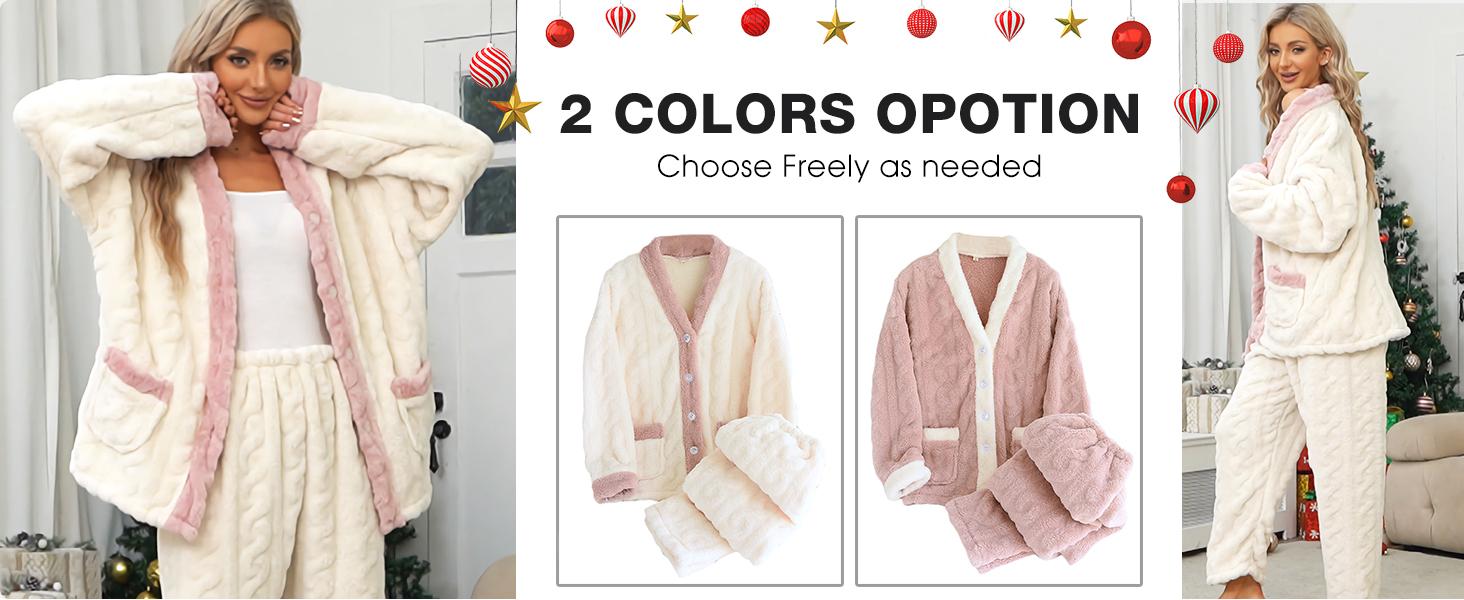 Women's Fluffy Fuzzy Texture 2-Piece Pajama Set - Long Sleeve Casual Buttoned Front Pullover, Pants, Soft Polyester Winter Basic Home Wear Nightwear #golden girl pajama family