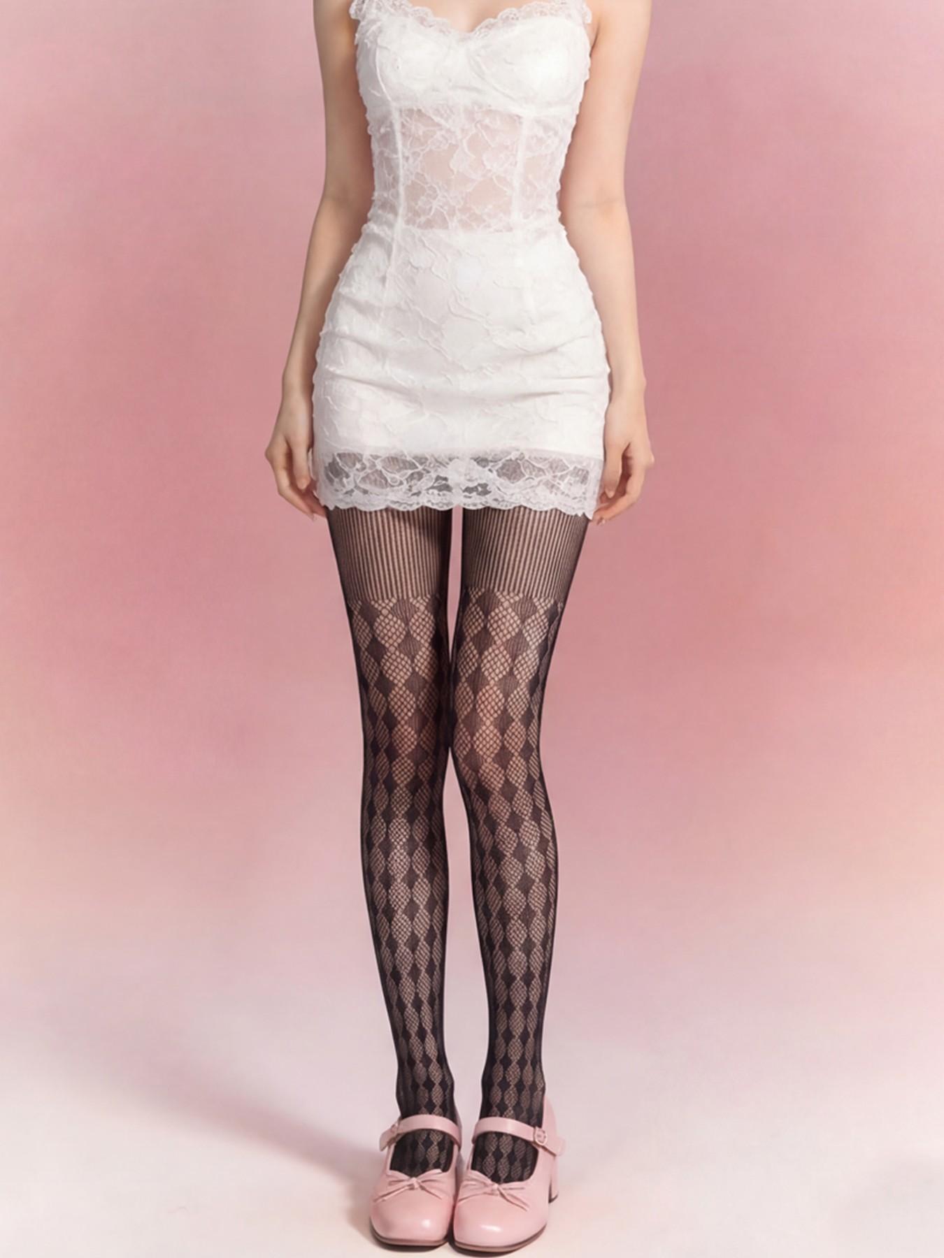 Women's Tight Control Top Leggings, and Rhombus Fishnet Socks, Sexy Ultra-Thin Mesh Stockings, Daily Wear, Date