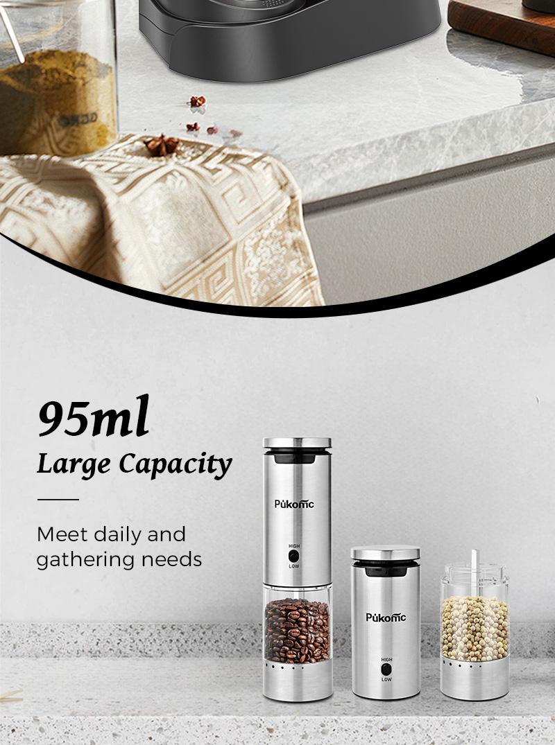 PUKOMC Rechargeable Salt & Pepper Grinder Set: 6 Settings, One-Hand Use,Detachable for Cleaning - Includes 12 Refills & Accessories! Kitchen Seasoning Utensils Coarseness Adjustable Base Style