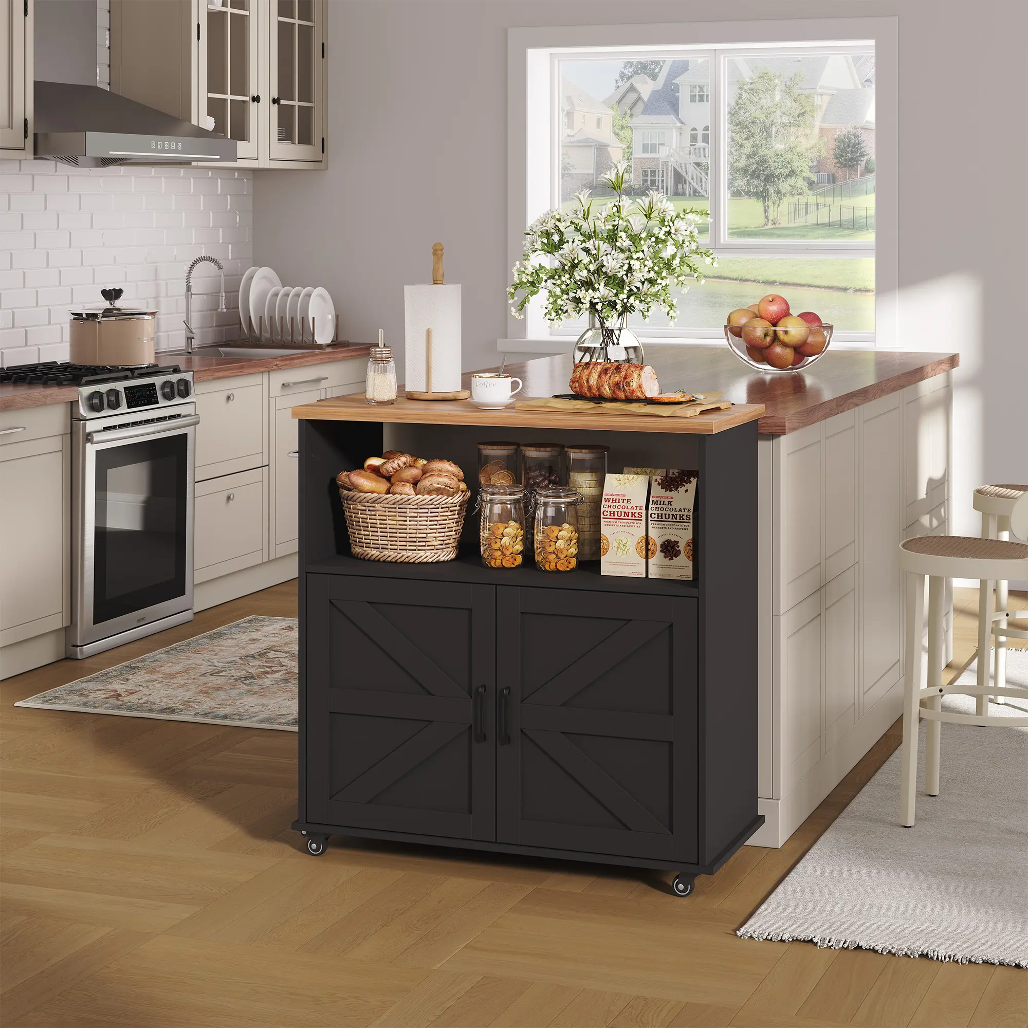 40.4" Rolling Kitchen Island with Storage Cabinet, Dual-Top Kitchen Cart with 5 Lockable Wheels & Towel Rack, Mobile Coffee Bar for Kitchen