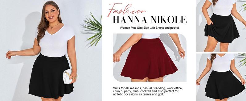 【S-XL&16-28W】Hanna Nikole Women Plus Size Casual Mini Skater Skirt Elastic Lining High Waist Basic Flared Skorts Pleated with Pocket #TikTokShopBacktoSchool