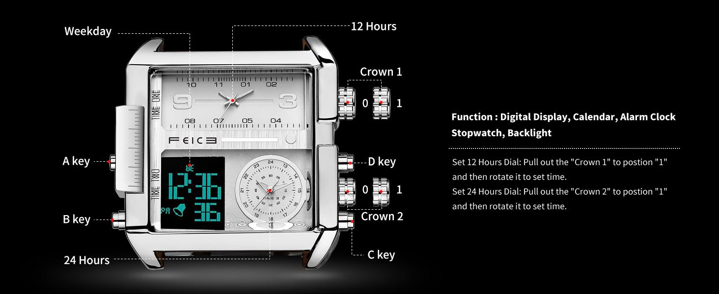 FEICE Men's Square Sport Watch| 50mm Oversized Dial, Dual Movement, Men’s Waterproof Luminous Sport Watch in silver display FEICE Men's Square Sport Watch| 50mm Oversized Dial, Dual Movement, Men’s Waterproof Luminous Sport Watch in silver display
