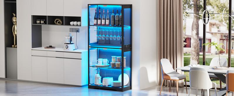 MIIFUNY Display Cabinet with Glass Doors, Storage Cabinet with 3 Color Light, 4-Tier Curio Cabinet&Bookcase for Collectibles, Toys, Books, for Playroom, Bedroom, Study Room, Black MIIFUNY Display Cabinet with Glass Doors, Storage Cabinet with 3 Color Light, 4-Tier Curio Cabinet&Bookcase for Collectibles, Toys, Books, for Playroom, Bedroom, Study Room, Black