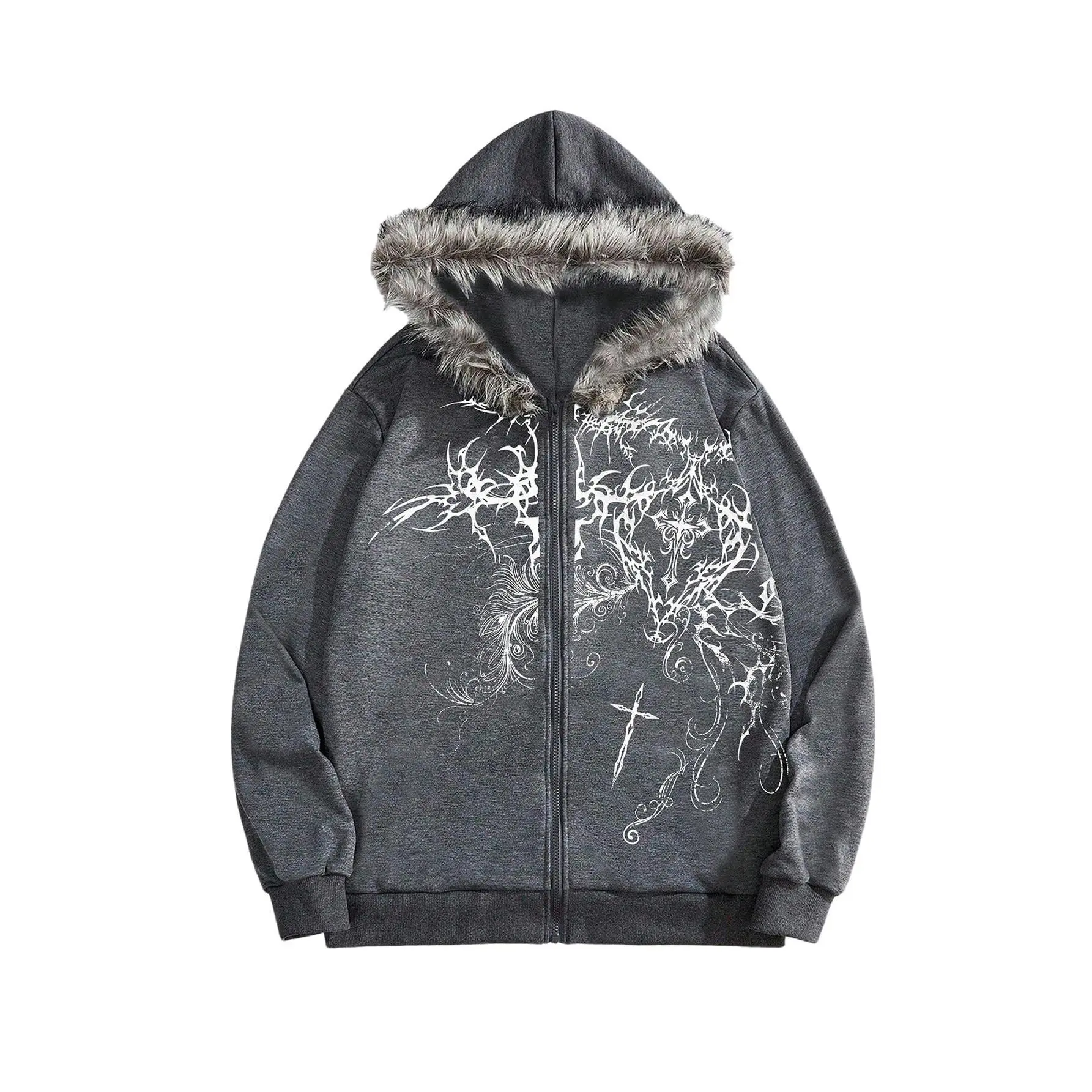 Men's Y2k Grunge Zip Up Hoodie Sweatshirts Gothic Fur Hooded Jacket Streetwear