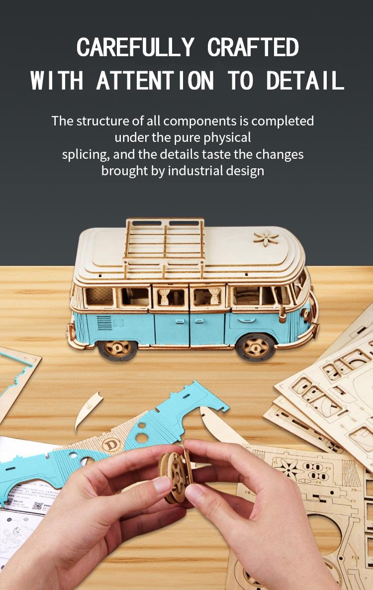 Blue Camper Wooden Puzzle, Wood Car Model, 3D Assembly Toy, Educational Intelligence Toy, Realistic Car Series Decoration