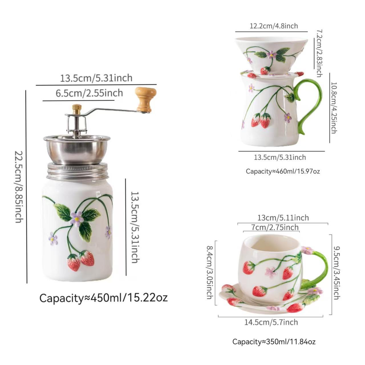Strawberry Ceramic Hand-Crank Coffee Grinder Set, Home Manual Pour-Over Coffee Maker, Milk Jug, Cup & Saucer Series