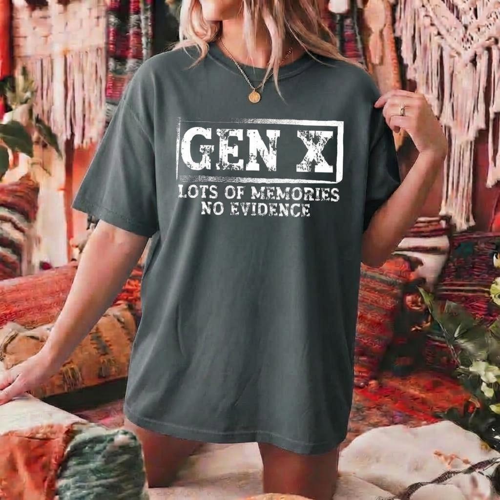 Gen X Lots Of Memories No Evidence Funny Graphic T-Shirt Vintage Distressed Crewneck Tee For Men Women Unisex Casual Short Sleeve Top 80s 90s Nostalgia Sarcastic Apparel