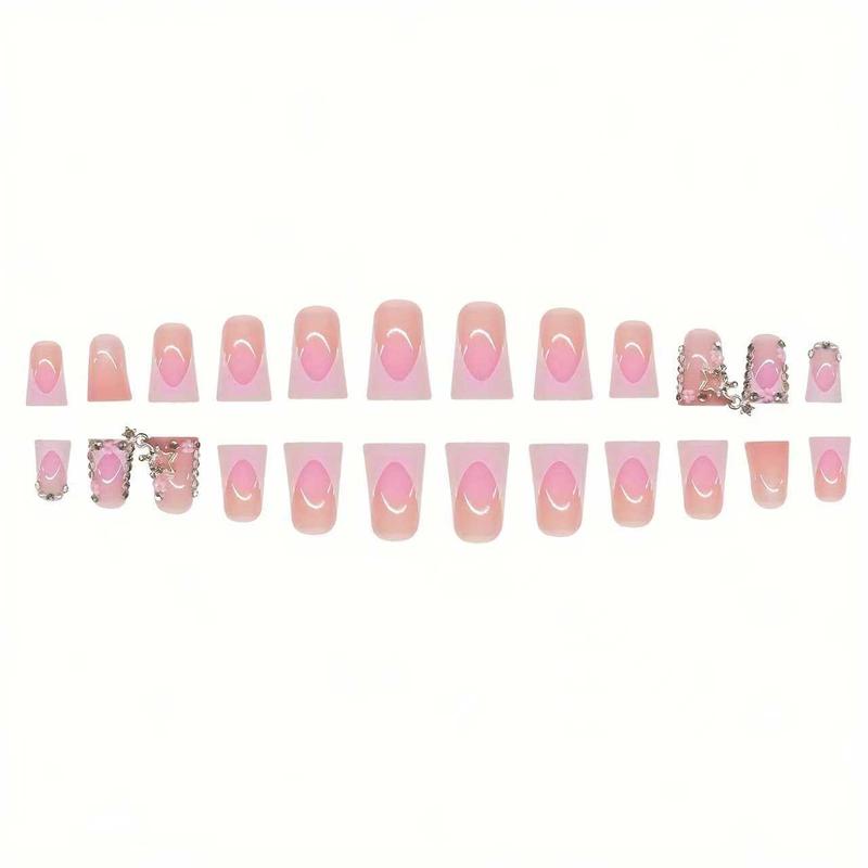 Elegant 24-Piece Medium Duckbill Shaped Fake Nails Set, Glossy Light Ombre with Chain and Rhinestone Decoration, Easy to Apply for Girls and Women