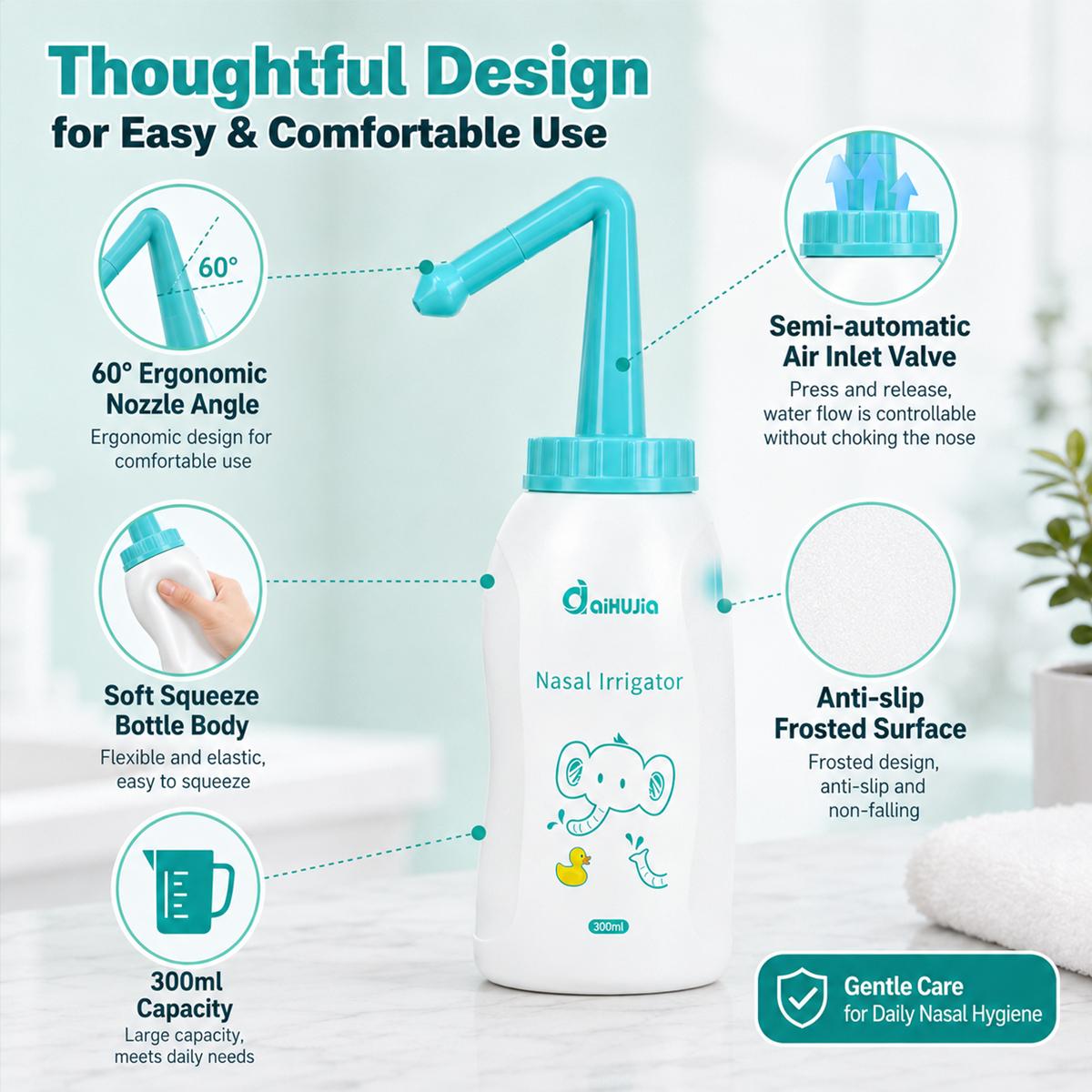 300ml Neti Pot Sinus Rinse Bottle, Pressure Nasal Irrigation Wash Sinus Rinsing Bottle,Cartoon elephant pattern, Single hole and 3-hole nasal irrigation device, Nose Cleaner, Manual Nasal Washer,for Daily Nasal Hygiene, Allergy,Sinus Congestion