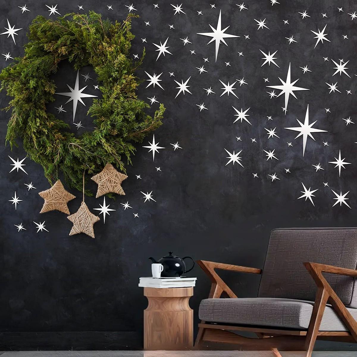 82 Piece 3D Acrylic Star Mirror Wall Stickers, Detachable Self-Adhesive Decorative Decals, Ceiling Bedroom Living Room Girl's Room, /silver Color