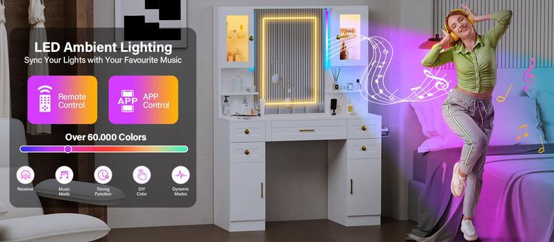 【Valentine's Day gift】Makeup Vanity Mirror with Light, Large Women Vanity Desk with Touch Screen Mirror Lights & Power Outlet, 4 Cabinet, 2 Shelves & 5 Drawers for Bedroom,[Gift Idea]