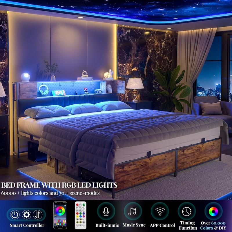 Unikito King Size Smart Bed Frame with LED Lights & Power Outlet, Luxury Leather Headboard, Storage Cabinet, Sturdy Metal Slat Support, Modern Platform Bed, Bedroom Furniture, Big Luxury Bed
