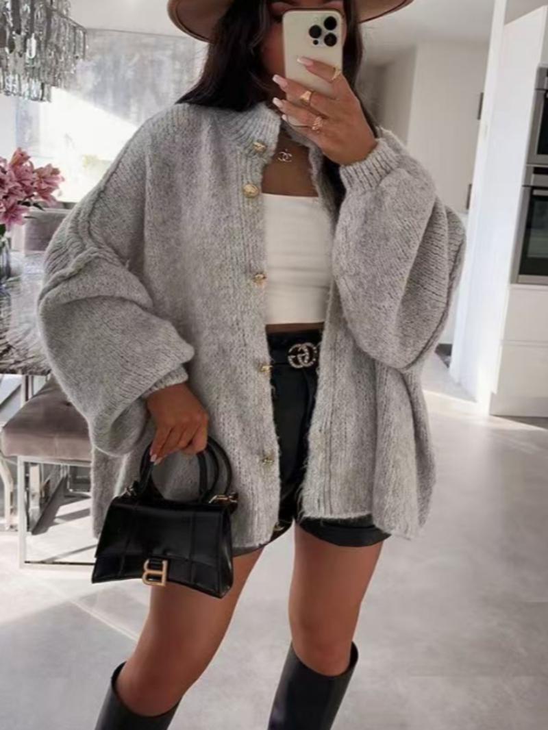Women's Oversized Knit Cardigan Sweater, Casual Loose-Fitting Round Neck Long Sleeve Drop Shoulder Design, Fall Winter Fashion, Knitted Cardigan Tops