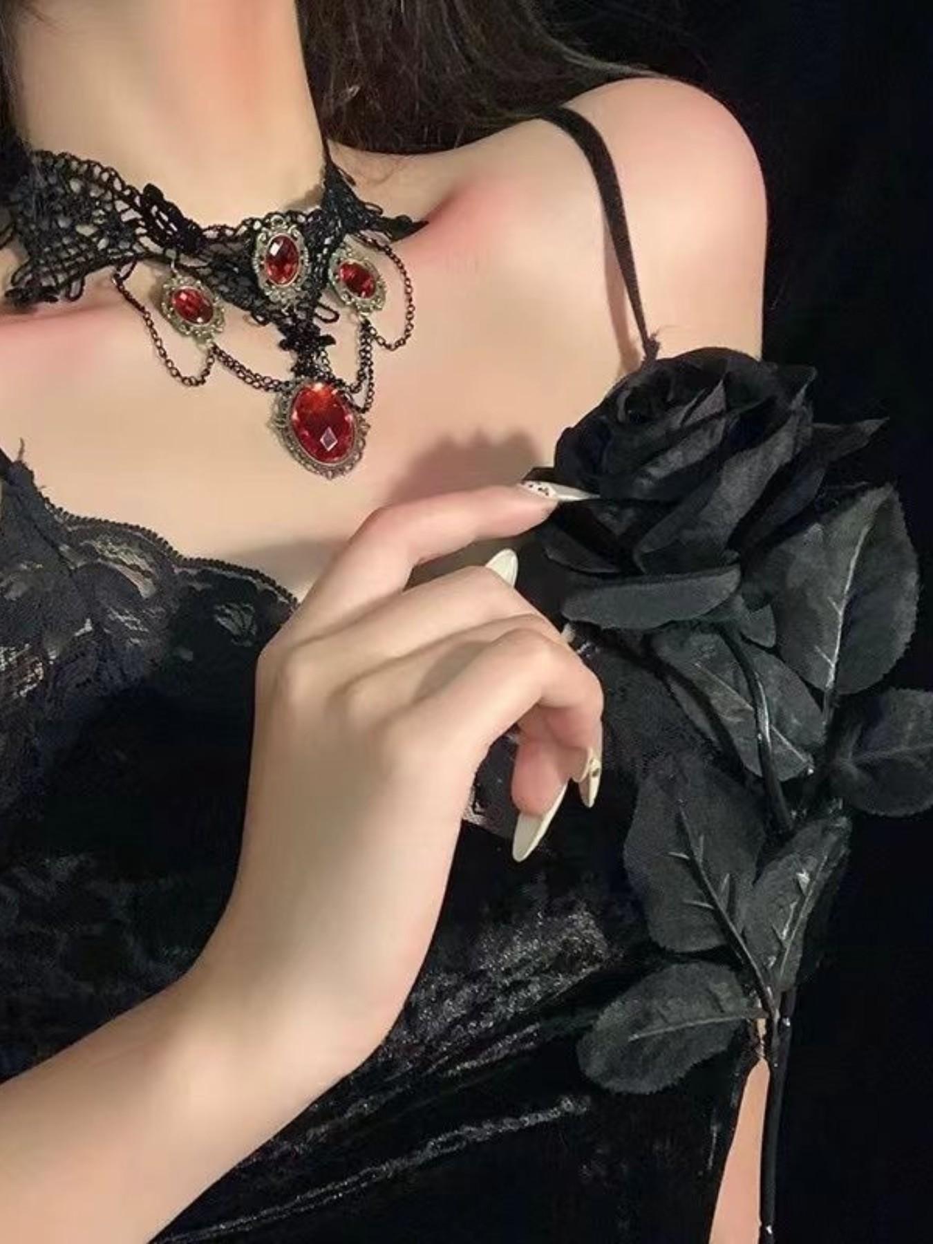 Vintage Court Necklace, Gothic Halloween Dark Princess Lace Choker, Unique Chain Print Accessory, Party Style, All Seasons
