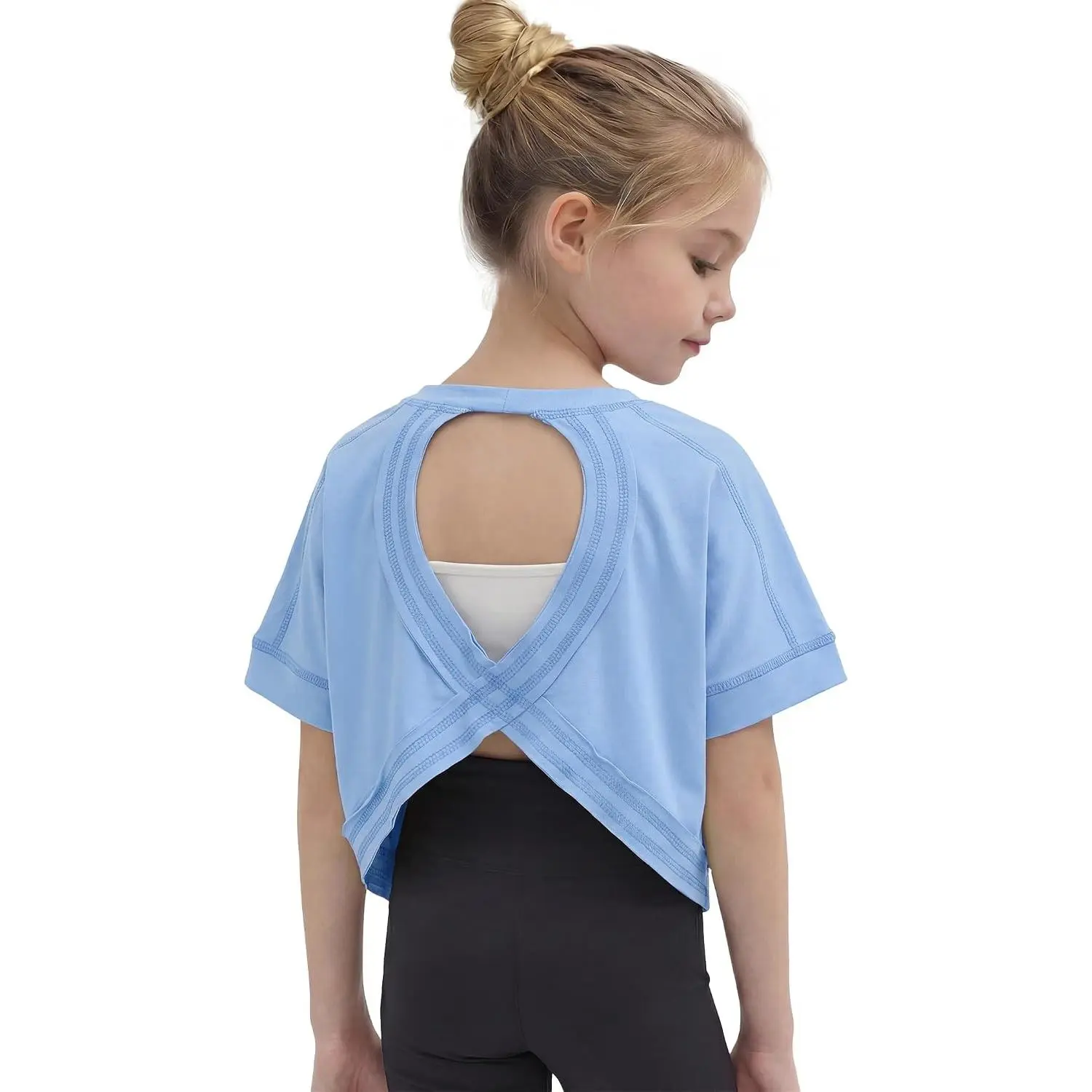 Girls Short Sleeve Open Back Quick Dry Cotton Blend Athletic Crop Top | Crop Tops for 5-14Y, Sports Wear for Dance, Running Workouts
