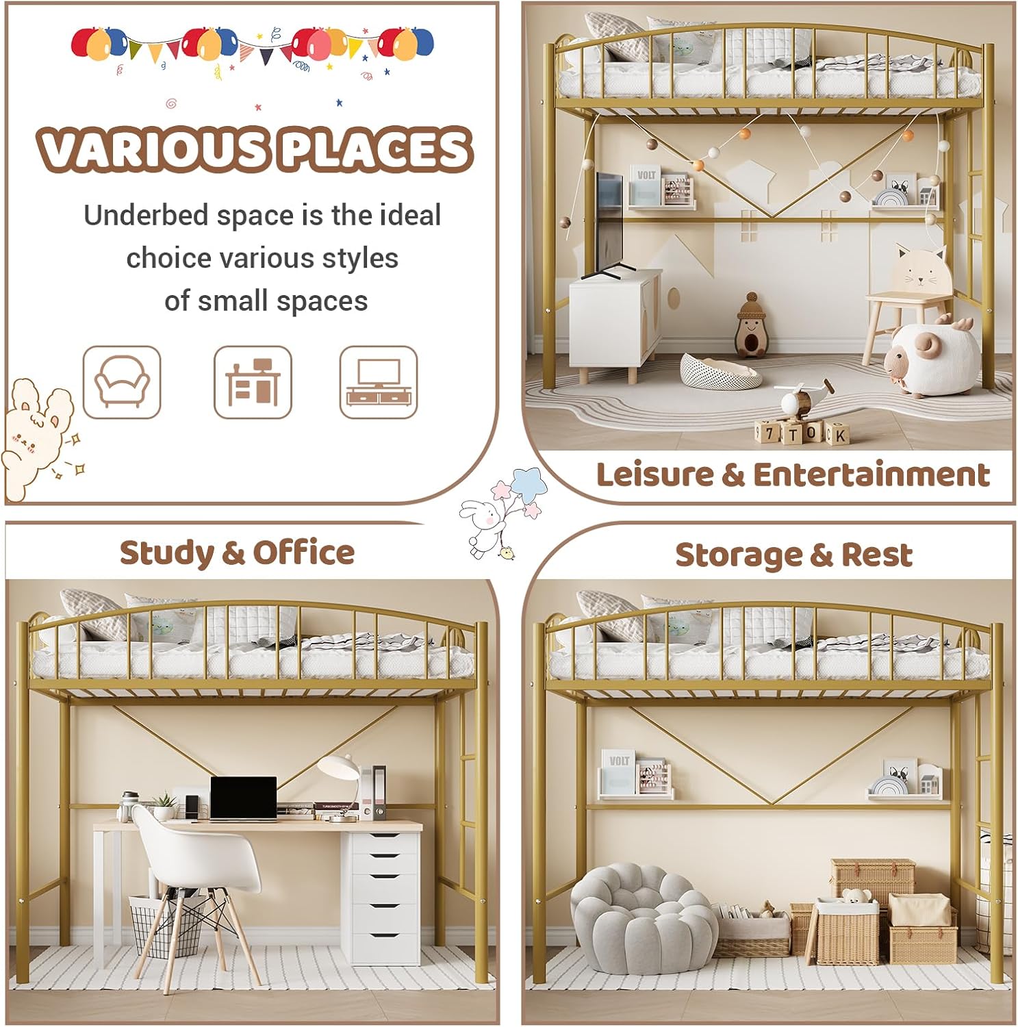 Loft Bed Twin Size, Heavy Duty Metal Loft Bed Frame with Arched Guardrail and Safety Ladder, Space-Saving, No Box Spring Needed