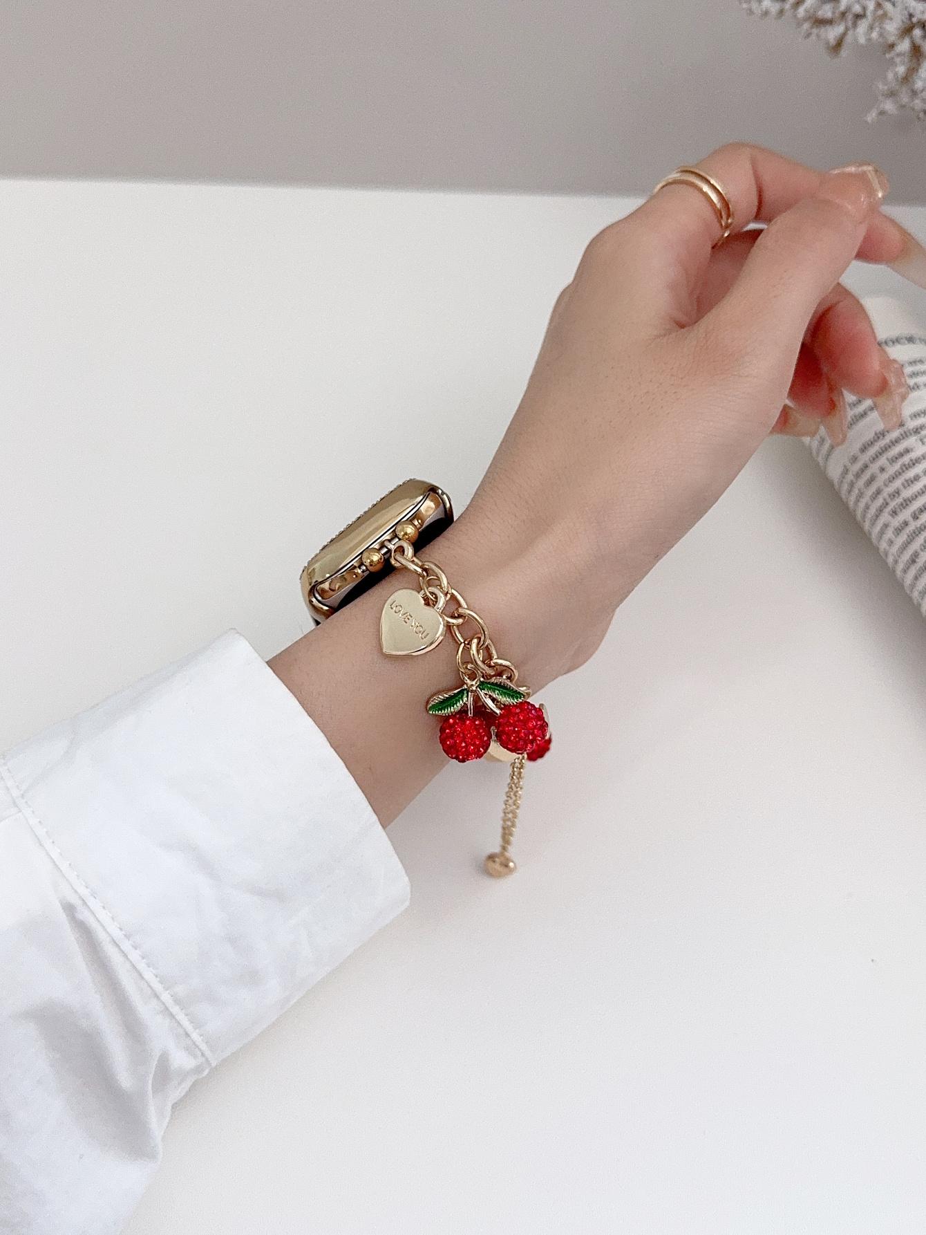 1PC fashionable heart-shaped cherry combination chain Apple Watch bands, Smart Watch Accessories, compatible with Apple Watch 38/40/41/42/44/45/46/49mm, for Ultra/SE/11/10/9/8/7/6/5/4/3/2/1, (watch and case not included), Smartwatch Accessories