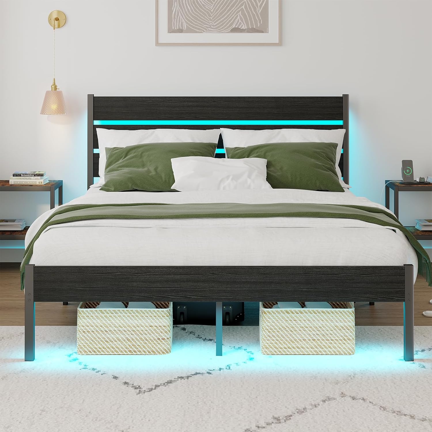 Double/King-Size Bed Frame with LED Lighting, Charging Station, and Wooden Headboard Available in Four Colors USB Ports Easy Assembly Create a Comfortable Sleeping Space Modern No Box Spring