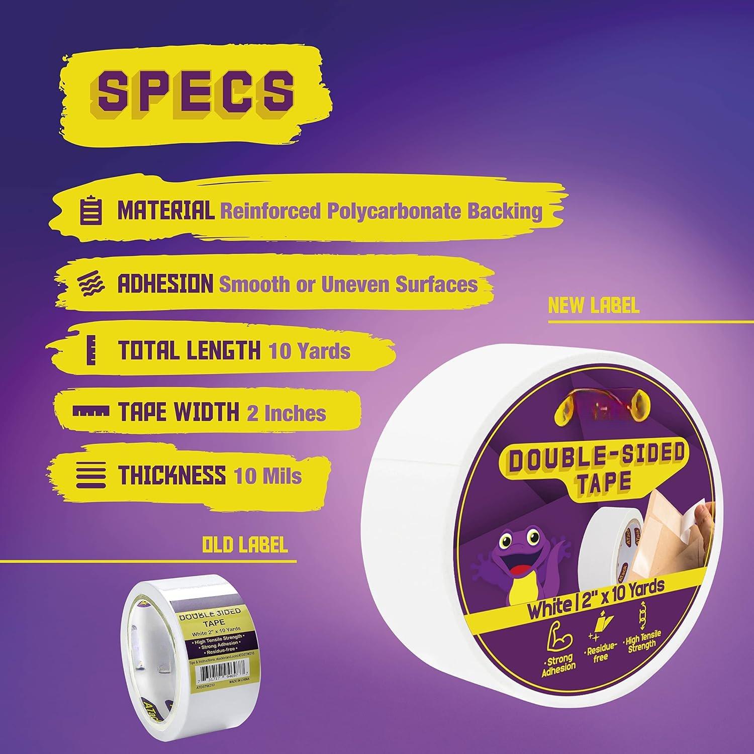 Double-Sided Tape White, 2 Inches x 10 Yards, Heavy Duty Double Sides self Sticky Wall Fabric Tape for  Templates, Furniture, Leather, Curtains and Craft